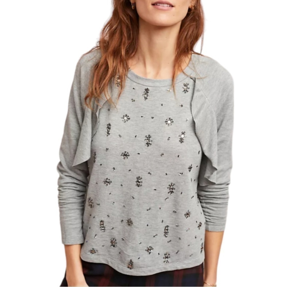 Anthropologie Ranna Gill Gray Jewel Embellished Lightweight Sweatshirt XS NWT